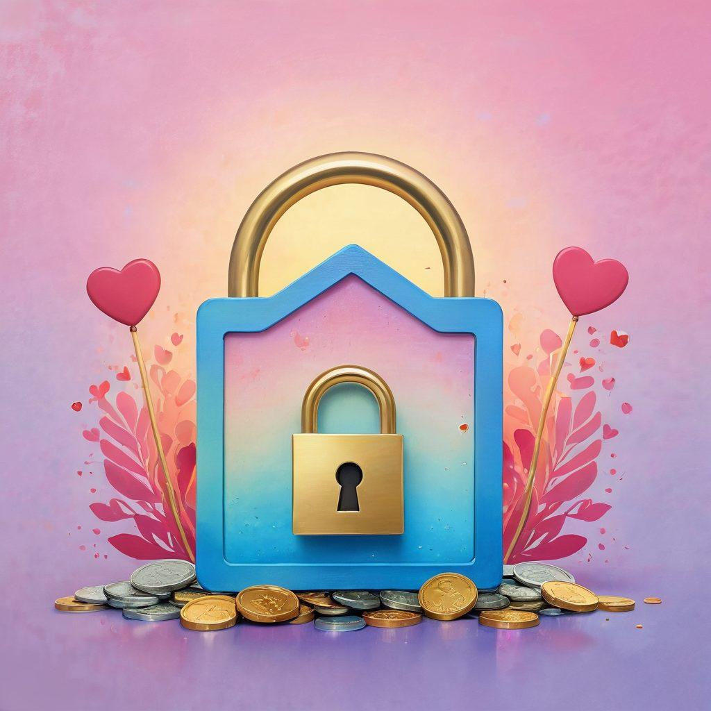 An open golden padlock symbolizing love and security, surrounded by floating coins and hearts, with a soft pastel background that evokes a sense of warmth and safety. The elements of a calculator and a house silhouette can be subtly incorporated to suggest affordability in insurance solutions. Artistic flair with a touch of whimsy. vibrant colors. painting.