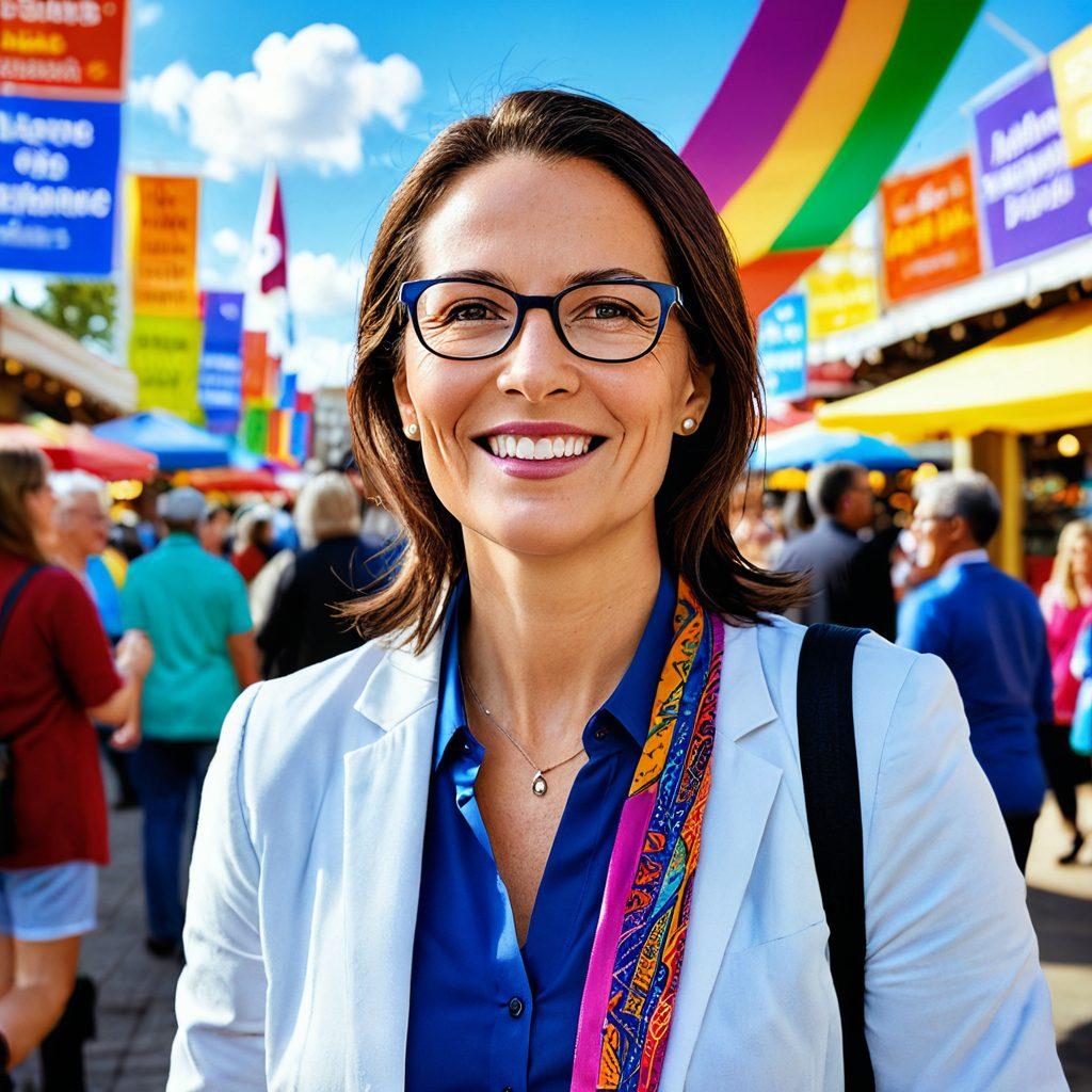A thoughtful insurance advisor guiding a diverse group of clients through a vibrant and colorful marketplace of insurance options. The scene features signage showcasing various affordable insurance plans, with closeout discounts highlighted. In the background, people are engaged in discussions and smiling, symbolizing community and trust. The sky above them is bright and sunny, conveying a sense of hope and clarity. super-realistic. vibrant colors.