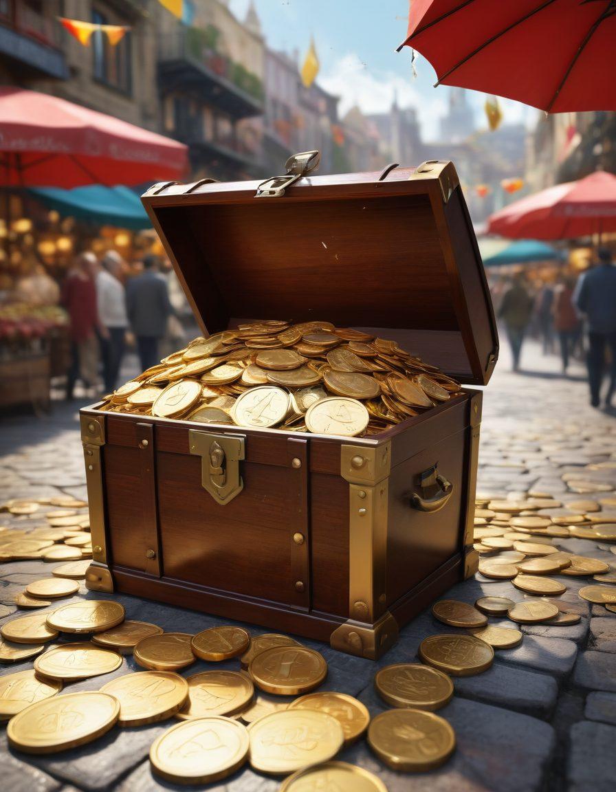 A visually engaging illustration of a treasure chest overflowing with gold coins, surrounded by insurance symbols like shields and umbrellas, with a backdrop of tags marked 'Bargain' and 'Wholesale'. Include elements of a bustling marketplace to represent savings opportunities. Bright colors to evoke a sense of discovery and excitement. super-realistic. vibrant colors.